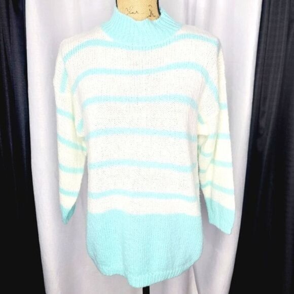 Vintage 80s Pastel Blue White Striped Chunky Cozy Mock Neck Sweater - Picture 12 of 12